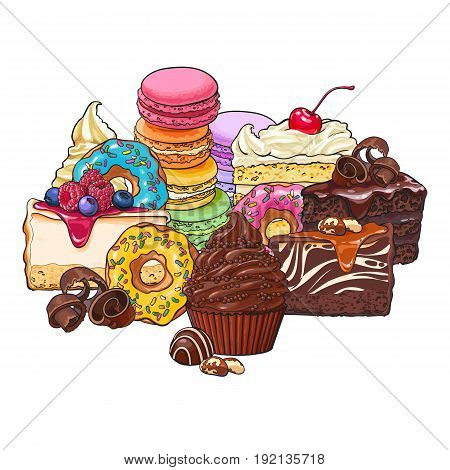 Pile, heap of various cakes, sweets, donuts, macaroons and other desserts and pastries, sketch vector illustration isolated on white background. Group of various pastries, cakes and desserts