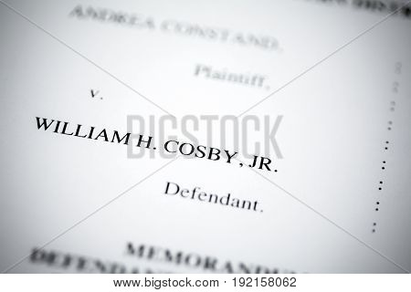 United States - June, 2017: Illustrative editorial image of court case document for defendant Bill Cosby v. plaintiff Andrea Constand for trial held at Montgomery County Courthouse in Pennsylvania.