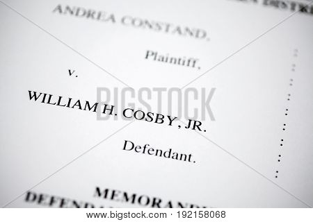 United States - June, 2017: Illustrative editorial image of court case document for defendant Bill Cosby v. plaintiff Andrea Constand for trial held at Montgomery County Courthouse in Pennsylvania.