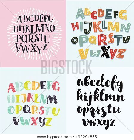 Vector set of colorful four difference english Alphabets. Cute English alphabet, vintage font, funny hand written font and capital ABC. Lowercase and uppercase letters, fine font,