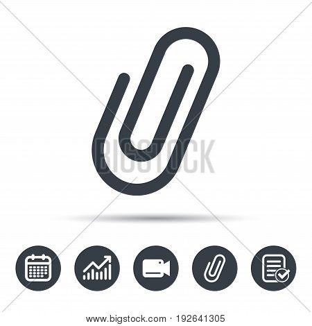 Attachment icon. Paper clip symbol. Calendar, chart and checklist signs. Video camera and attach clip web icons. Vector