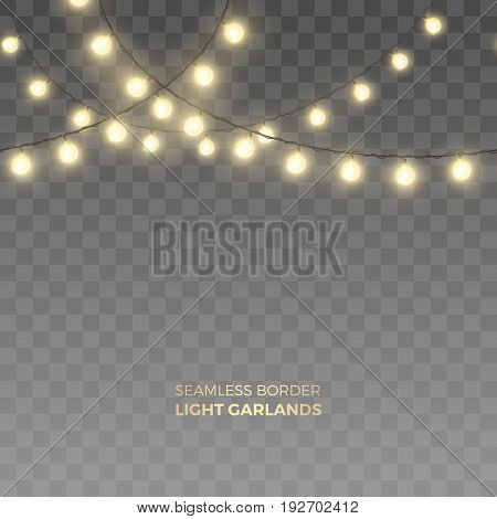 Vector seamless horizontal border of realistic light garlands. Festive decoration with shiny Christmas lights. Glowing bulbs isolated on the transparent background.