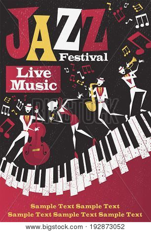 Retro styled Jazz festival Poster featuring an Abstract style illustration of a vibrant Jazz band and super cool lead singer who is striking a stylish pose and playing a musical performance live on stage.