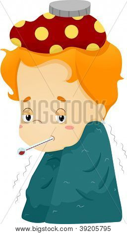 Illustration of a Sick Boy Wrapped in a Blanket and with a Compress on His Head