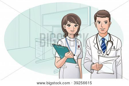 Smiling Confident Doctor and Nurse with a background of doctor's office