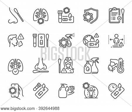 Covid Test Line Icons. Nasal Swab, Blood Testing, Waiting Time. Social Distance, Hand Sanitizer, Rap