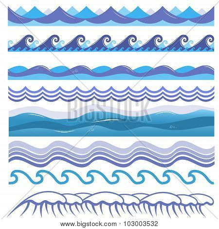 Vector illustration of ocean, sea waves, surfs and splashes. Seamless isolated pattern.