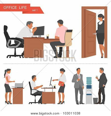 Flat design of business people and office workers. Vector illustration isolated on white background.