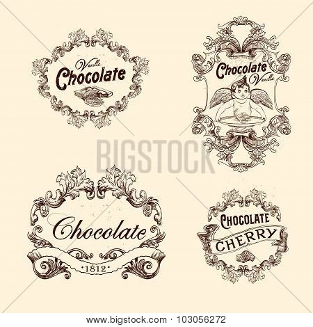 Vector set of chocolate labels, design elements, emblems and badges. Isolated logos illustration in