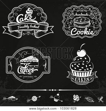 Vector set of bakery and cakes labels, design elements, emblems, badges. Isolated logo illustration