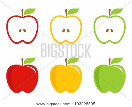 Yellow, green and red stylized apples. Apples  whole and half in bright colors. Vector logotype, icon, sign.