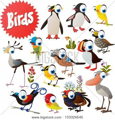 Adorable cartoon comic birds set: penguin, canary, quoll, fowl, jay, puffin, grouse, shoebill, parrot, bird of paradise, secretary bird, lovebird