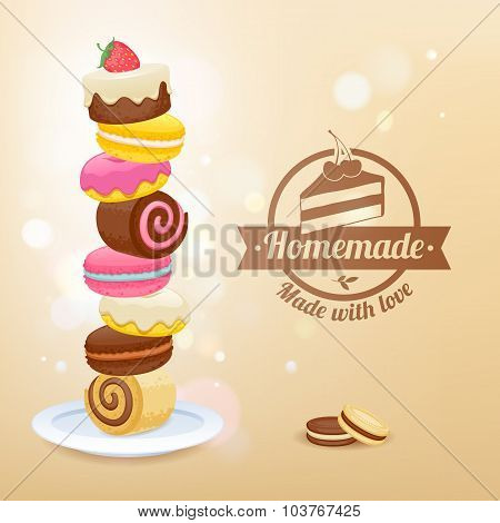 Stack of sweets on plate vector illustration.