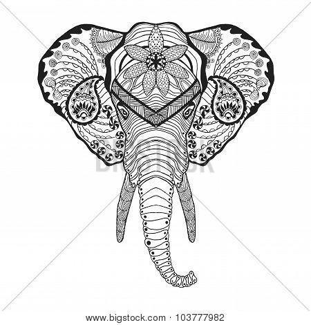 Zentangle stylized elphant head. Sketch for tattoo or t-shirt.