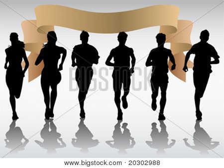 Vector drawing running athletes. Silhouettes on white background