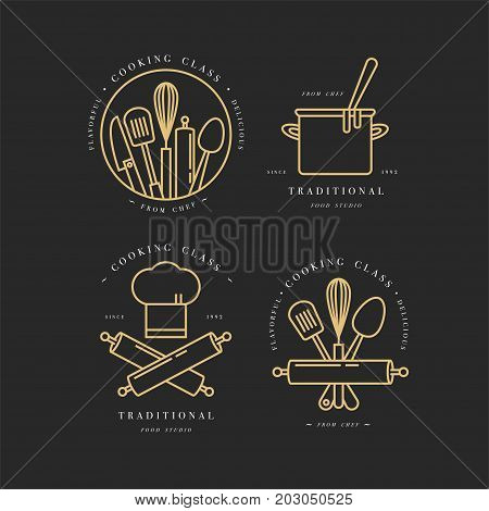 Golden linear design elements, set of kitchen emblems, symbols, icons or food studio labels and badges collection. Cooking courses signs template or logo, identity, culinary school.