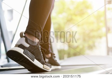 Young Woman Execute Exercise In Fitness Center. Female Athlete Walking On Treadmill In Gym. Sporty G