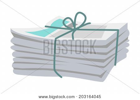 Pile of newspapers with media information isolated bound with string on white. Vector illustration of paper tabloid journals gathered in heap and bound with blue type and bow in flat design.