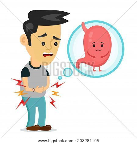 Sad sick young man with food poisoning stomach character. Vector flat cartoon illustration icon design. Isolated on white backgound. Digestive tract, stomach, stomachache, pain,sick,ache concept