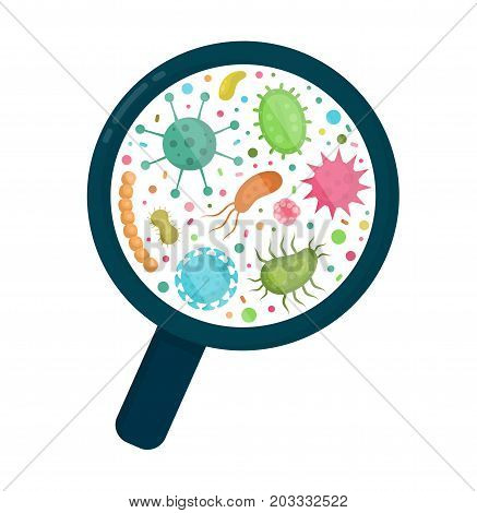 Bacterial microorganism in a circle. Bacteria and germs colorful set, micro-organisms, bacteria, viruses, fungi, protozoa under the rejuvenating glass,magnifier.Vector flat cartoon illustration icon