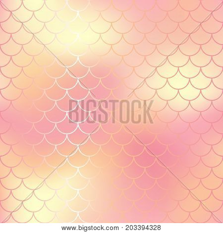 Pastel pink and gold abstract fish skin background. Fantastic fish scale pattern. Mermaid vector pattern. Fish scale seamless pattern in pink color. Rose gold mermaid tail texture. Wedding background