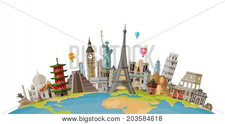 Travel, journey concept. Famous monuments of world countries. Vector illustration isolated on white background