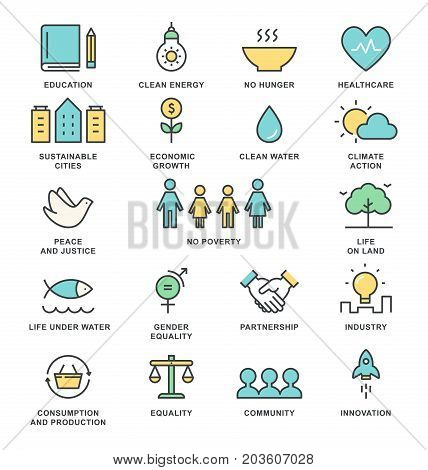 Sustainable Development Goals and Sustainable Living Implementation Concept Line Art Vector Icons.