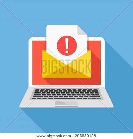 Laptop with envelope and document with exclamation point on screen. Receive notification, alert message, warning, get e-mail, email, spam concepts. Flat design vector illustration