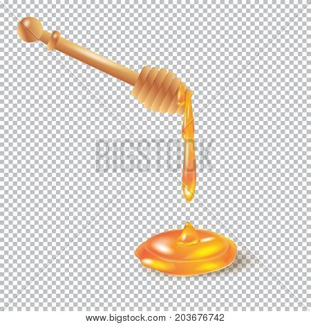 Honey, honey wooden dipper, honey drops vector illustration. Honey splash dripping, sweet drops from honey dipper isolated on white background. Poster for advertising beekeeping honey shop or bakery. Vector realistic illustration of dropping honey syrup, 