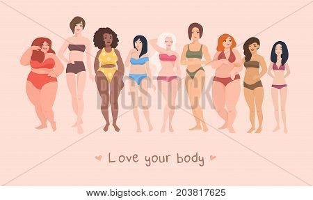 Multiracial women of different height, figure type and size dressed in swimsuits standing in row. Female cartoon characters. Body positive movement and beauty diversity. Vector illustration