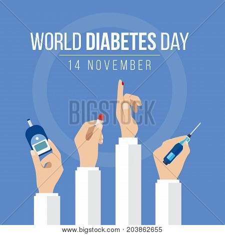 World Diabetes Day Awareness with hands hold the meter measures for blood sugar level hand hold drug and Drops of blood on circle blue background vector design