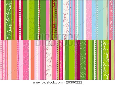 Bright stripes background with floral swirl elements, combination of four designs