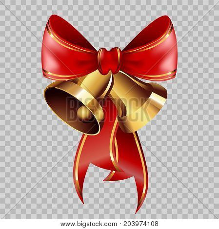 Christmas decoration golden jingle bells on red ribbon bow with golden ornament on transparent background. Vector isolated decorative element template for Christmas or New Year greeting card design