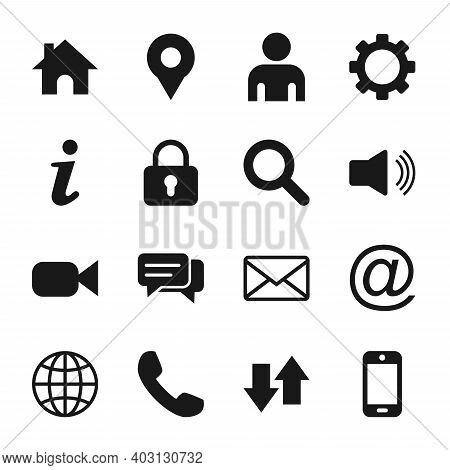 Icon Pack Black. Home Icon, Location Pin Icon, Man Icon, Gear Icon, Lock Icon, Search Icon, Sound Ic