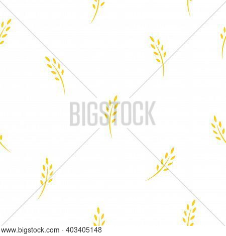 Seamless Pattern With Yellow Ears Of Wheat, Barley Or Rye. Natural Gren Ornament On White. Eco Compa