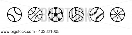 Icons Of Sport Balls. Balls For Tennis, Soccer, Basketball, Volleyball, Football, Baseball, Rugby An