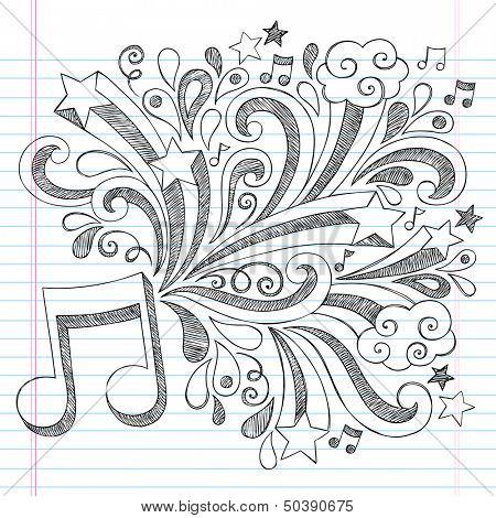 Music Note Back to School Sketchy Notebook Doodles with Music Notes and Swirls- Hand-Drawn Illustration Design Elements on Lined Sketchbook Paper Background