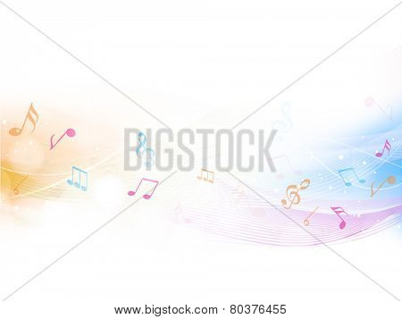 Colorful musical waves with musical notes over beige color background.