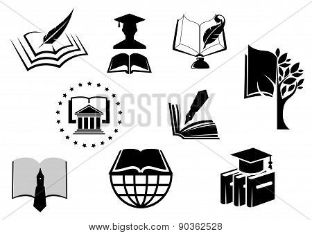 Black and white education or knowledge icons