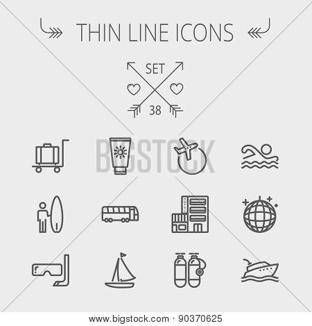 Travel thin line icon set for web and mobile. Set includes- yacht, oxygen tank, snorkel with mask, luggage, hotel, sailboat, plane icons. Modern minimalistic flat design. Vector dark grey icon on