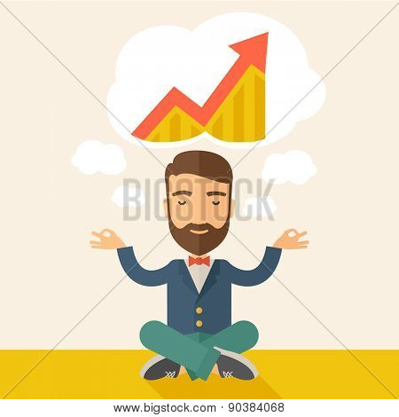 A man closing his eyes thinking about on how the business will grow. Business concept. A Contemporary style with pastel palette, soft beige tinted background. Vector flat design illustration. Square