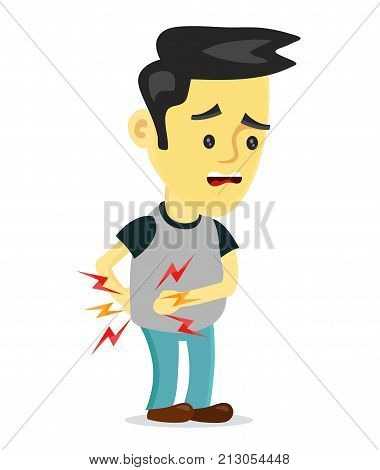 Sad sick young man with unhealthy liver with hepatitis a character. Vector flat cartoon illustration icon design. Isolated on white backgound. Pain in liver, unhealthy, sick, suffering