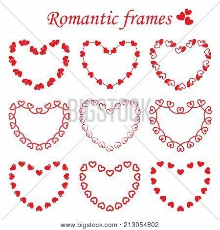 Vector set of different frames in heart shape consisting of single and double hearts. Collection of romantic frames monochrome red color for the decoration and design of post cards for St. Valentine's day wedding and holiday invitations