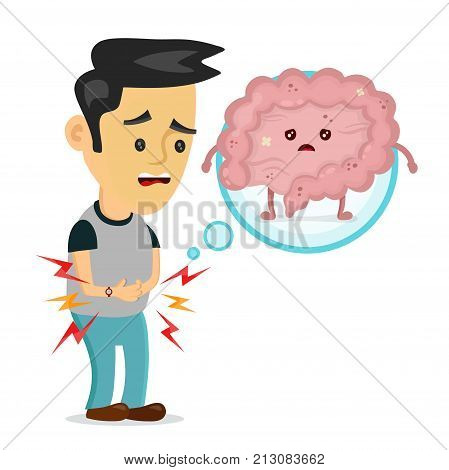 Sad sick young man with food poisoning intestines character. Vector flat cartoon illustration icon design. Isolated on white backgound. Digestive tract, pain,sick,ache concept