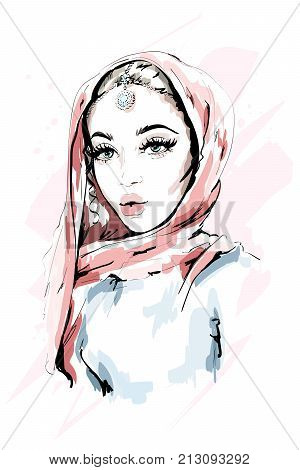 Beautiful Muslim Woman Wearing Hijab. Fashion woman portrait. Stylish lady. Sketch. Vector illustration.