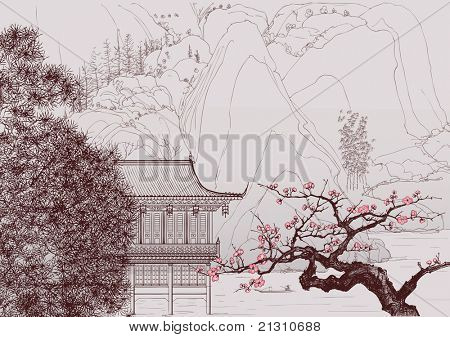 Vector illustration of a Chinese landscape in the style of old chinese painting