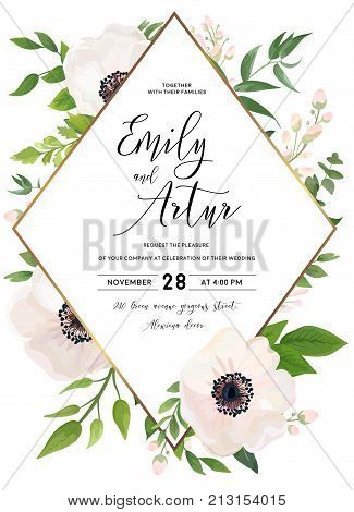 Wedding invite invitation save the date card design: white pink Anemone poppy flower green leaves eucalyptus greenery foliage forest bouquet and golden phombus frame. Vector rustic postcard layout