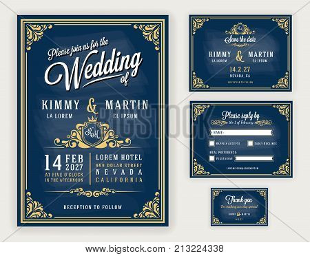 Vintage luxurious wedding invitation on chalkboard background. Include Invitation RSVP card Save the date Thank you card. Vector illustration