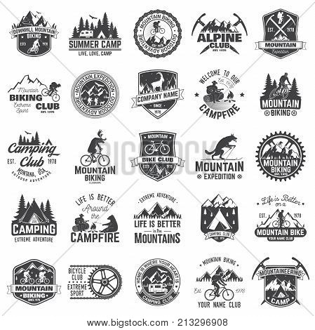 Summer camp, mountain biking, alpine club. Vector illustration. Set of vintage badges, labels, logos, silhouettes. Vintage typography collection with 25 items. Outdoors adventure emblems.