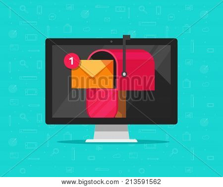 Computer with mailbox on screen vector illustration, flat cartoon design desktop pc display with mail box, concept of new e-mail received, letter or newsletter message, internet email delivery, inbox